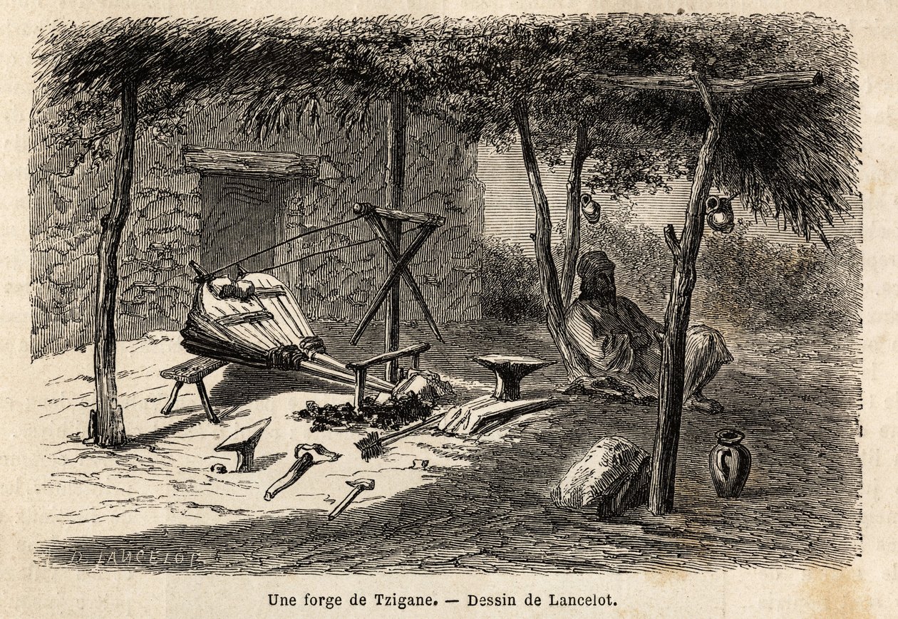 En sigøjner-smedje i regionen Walachia, Rumænien. Gravering til illustration af rejsen fra Paris til Bukarest af Lancelot, tegner, i 1860, offentliggjort i "Le tour du monde, nouveau journal des voyages", under ledelse af Edouard Charton af Dieudonne Auguste Lancelot