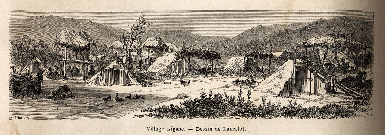 En sigøjnerlandsby. Gravering til illustration af rejsen fra Paris til Bukarest af Lancelot, tegner, i 1860, offentliggjort i "Le tour du monde, nouveau journal des voyages", under ledelse af Edouard Charton af Dieudonne Auguste Lancelot