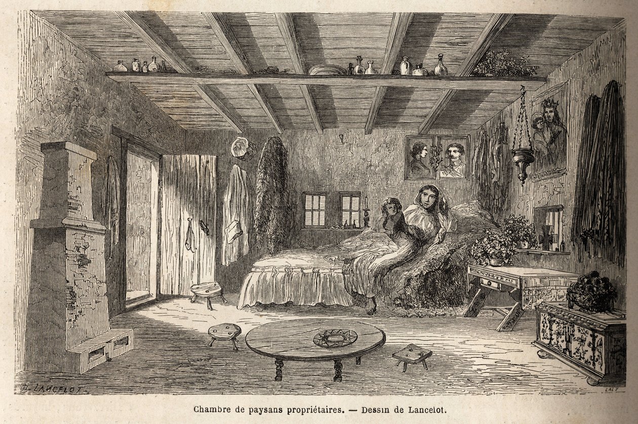 Et hus af ejere bønder, i nærheden af Orezu (Walachia-regionen, Rumænien). Gravering til illustration af rejsen fra Paris til Bukarest af Lancelot, tegner, i 1860, offentliggjort i "Le tour du monde, nouveau journal des voyages", under ledelse af o af Dieudonne Auguste Lancelot