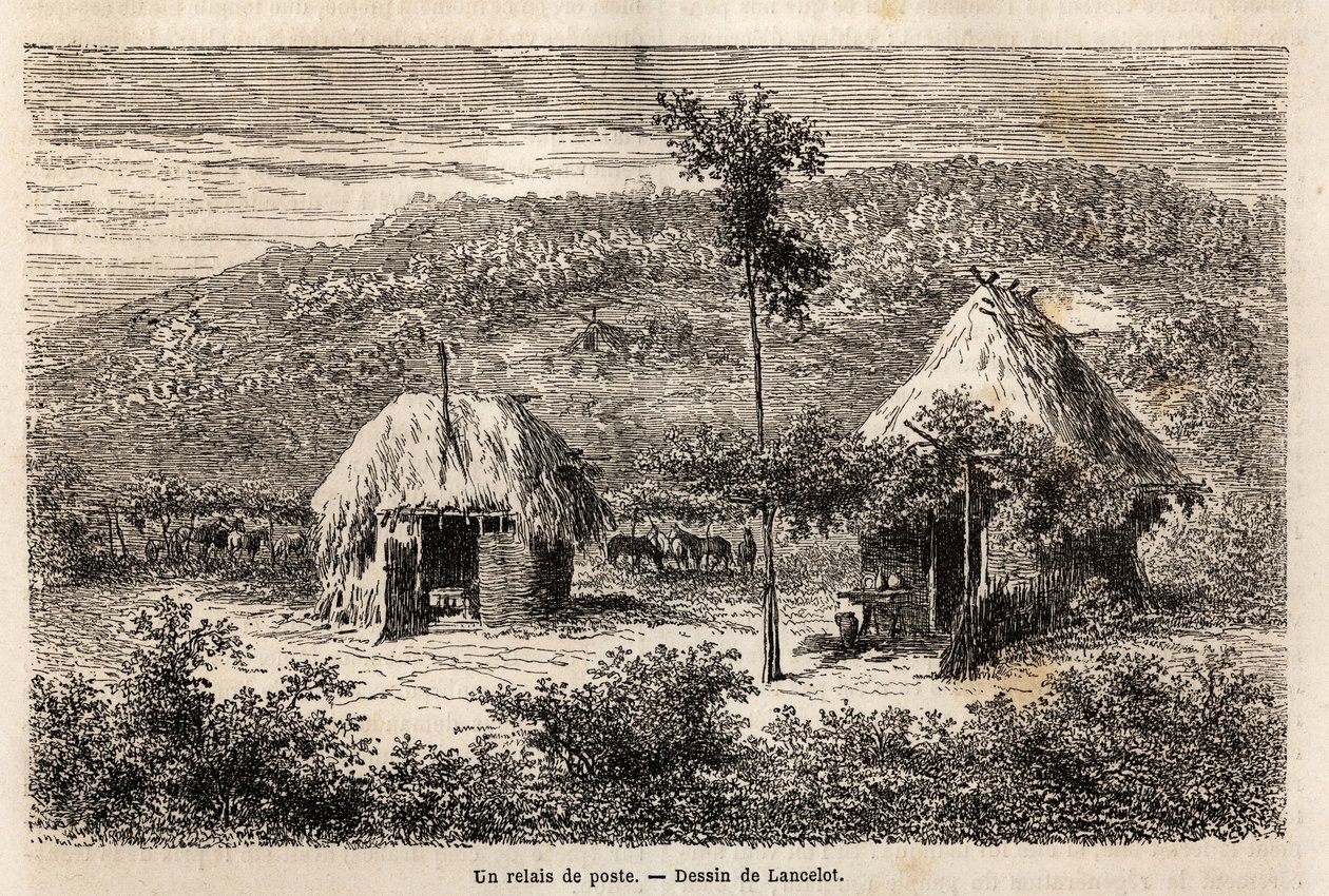 En poststafet mellem Bukarest og Pitesti. Gravering til illustration af rejsen fra Paris til Bukarest (Rumænien), i 1860, af Lancelot, designer, i "Le tour du monde, nouveau journal des voyages", udgivet under ledelse af Edouard Charton af Dieudonne Auguste Lancelot