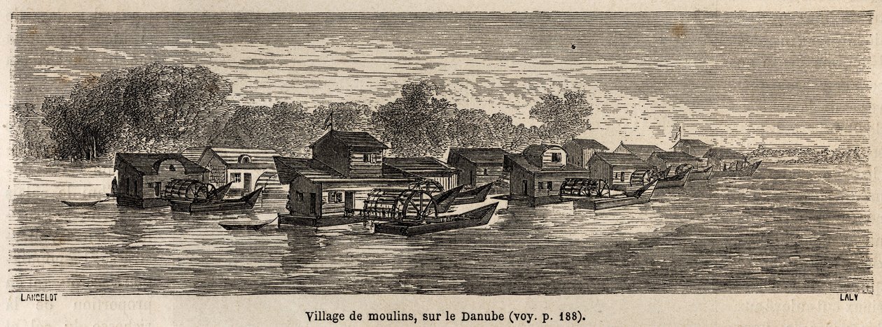 En landsby med møller ved Donau, tegnet af Lancelot, til illustration af Victor Duruys rejse fra Paris til Bukarest i 1860. Indgravering i "" Le tour du monde", redigeret af Edouard Charton af Dieudonne Auguste Lancelot