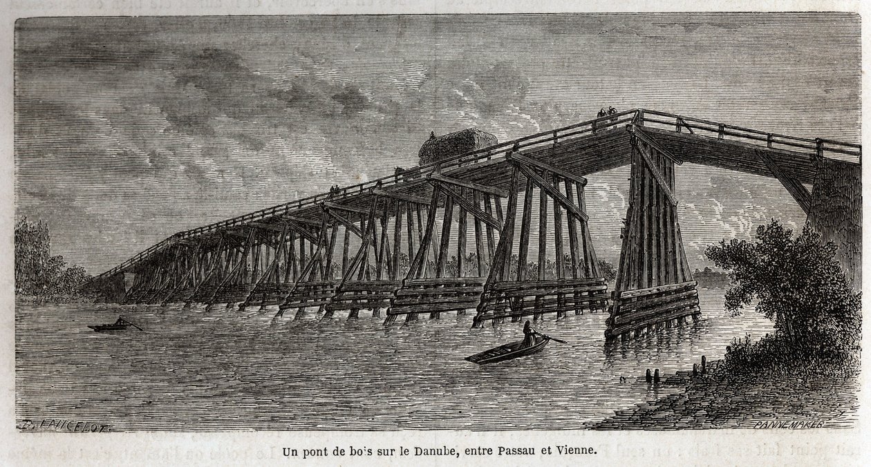 En træbro over Donau, mellem Passau og Wien, tegning af Lancelot, for at illustrere Victor Duruys rejse fra Paris til Bukarest i 1860. Indgravering i "" Le tour du monde"", redigeret af Edouard Charton af Dieudonne Auguste Lancelot