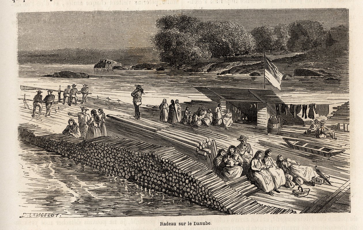 En træflåde på Donau, til transport af varer og mennesker, tegning af Lancelot, for at illustrere Victor Duruys rejse fra Paris til Bukarest i 1860. Indgravering i "" Le tour du monde"", redigeret af Edouard Charton af Dieudonne Auguste Lancelot