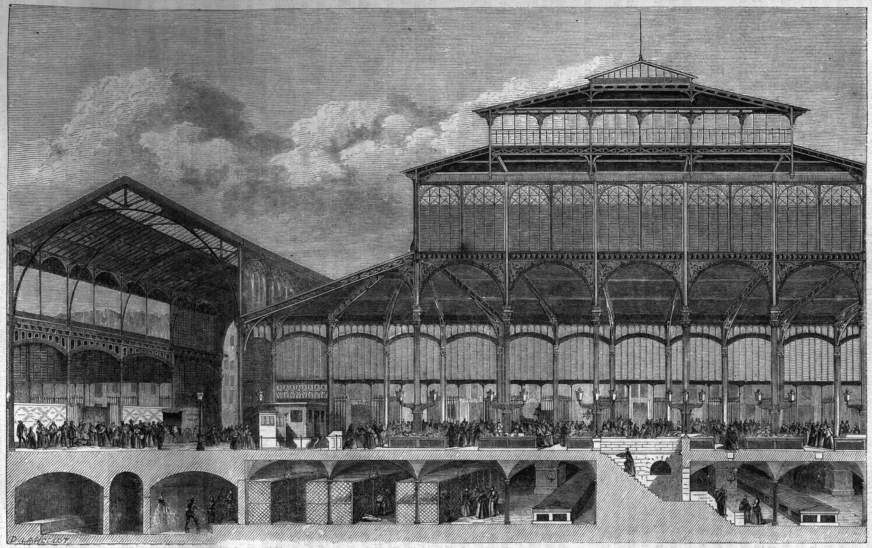 Tværsnit af Halles de Paris i 1862. Gravering af Lancelot i "" Le Magasin maleriske"" af Dieudonne Auguste Lancelot