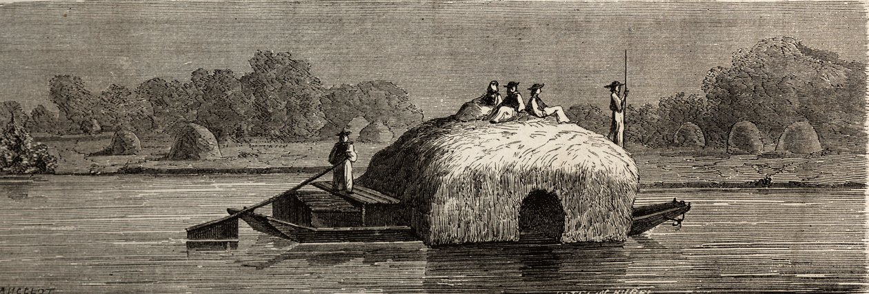 Skæring, høst og transport af foder på Donaus breder. Tegning af Lancelot, for at illustrere hans rejse fra Paris til Bukarest i 1860. Indgravering i "" Le tour du monde"", redigeret af Edouard Charton af Dieudonne Auguste Lancelot