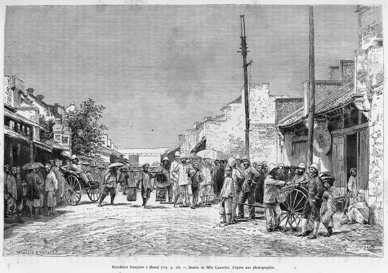 Fransk bopæl i Hanoi. Gravering af Lancelot, efter et fotografi, for at illustrere historien Trente mois au Tonkin i 1884, af Doctor Hocquard, i le tour du monde 1889, instrueret af Edouard Charton (1807-1890), Hachette, Paris. af Dieudonne Auguste Lancelot