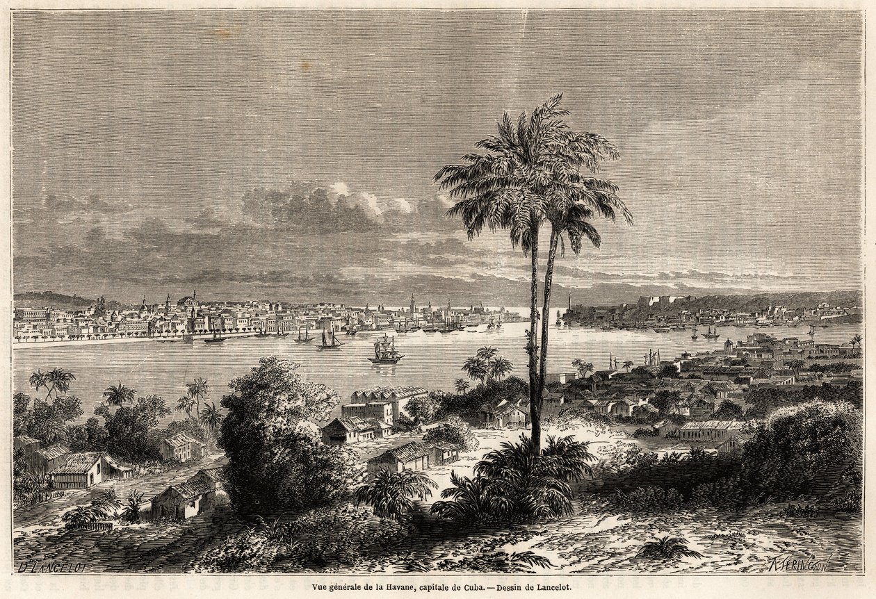 Generelt billede af Havana, Cubas hovedstad, tegning af Lancelot for at illustrere rejsen til øen Cuba i 1859 af Richard Dana (1815-1882). Indgravering i "" Le tour du monde, nouveau journal des voyages"" Paris af Dieudonne Auguste Lancelot