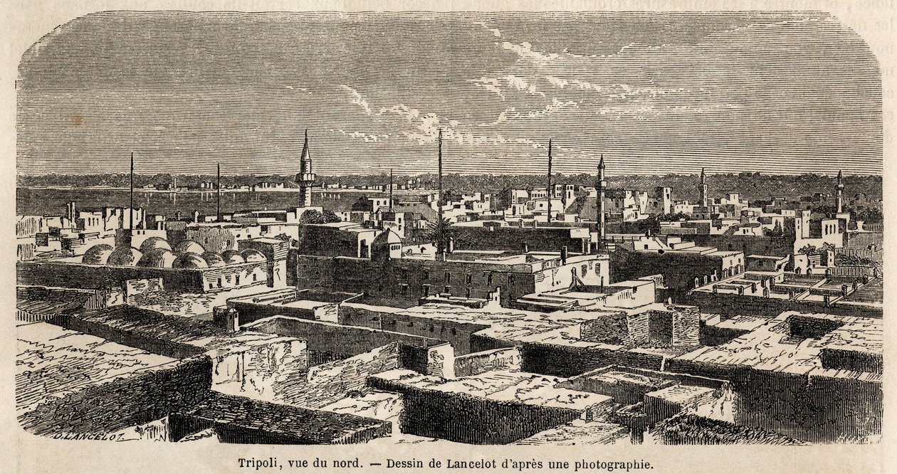 Generelt billede af Tripoli, tegning af Lancelot, for at illustrere baron de Kraffts tripolitanske vandreture i 1860. Stik i “” Le tour du monde”” 1861. Selvas samling. af Dieudonne Auguste Lancelot