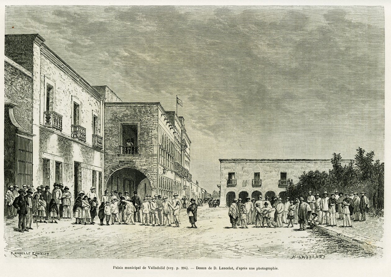 Valladolids kommunale palads. Gravering af Lancelot for at illustrere historien Ma last expedition au Yucatan, af Desire Charnay, i le tour du monde 1887, instrueret af Edouard Charton (1807-1890), Hachette, Paris. af Dieudonne Auguste Lancelot