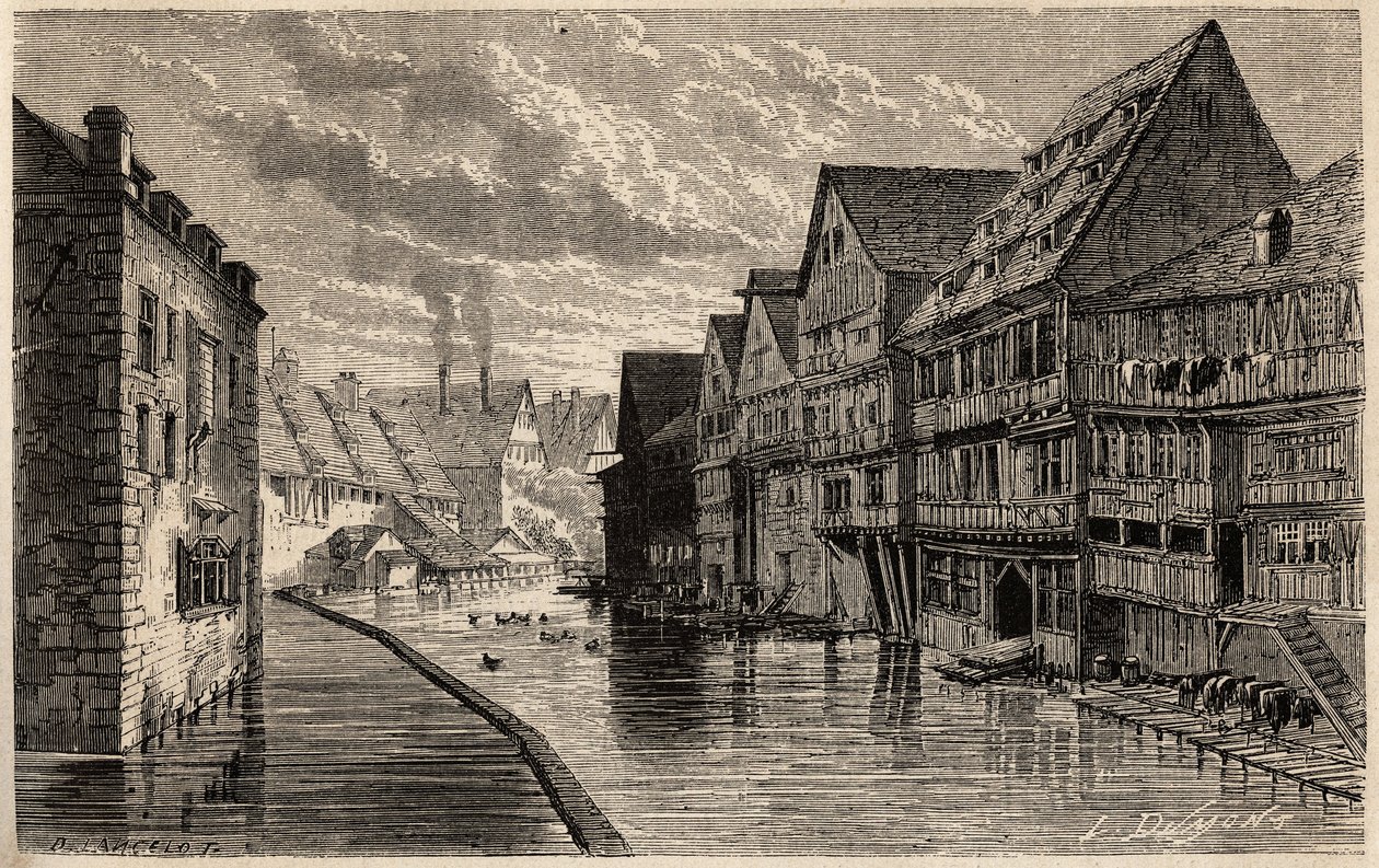 Gamle garverier, i Ulm, tegning af Lancelot, til illustration af Victor Duruys rejse fra Paris til Bukarest i 1860. Indgravering i "" Le tour du monde", redigeret af Edouard Charton af Dieudonne Auguste Lancelot