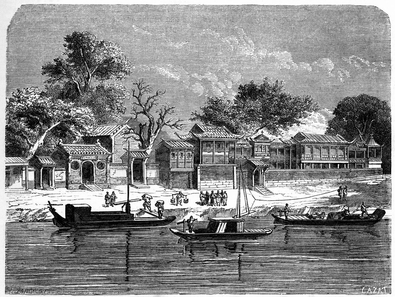 Palads designet til de franske missionærer i Tien Tsin (Tien-Tsin, Tianjin), Kina. Gravering af Lancelot, i "" Le Tour du Monde, Nouveau journal des Voyages"", redigeret af Edouard Charton, Paris af Dieudonne Auguste Lancelot