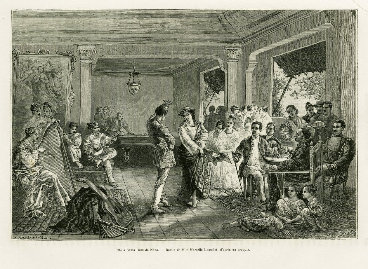 Fest en Santa Cruz de Nano. Gravering af Lancelot for at illustrere historien Lucon og Palaouan, seks år i Filippinerne, af Alfred Marche (1844-1898), i le tour du monde 1886, instrueret af Edouard Charton (1807-1890), Hachette, Paris. af Dieudonne Auguste Lancelot