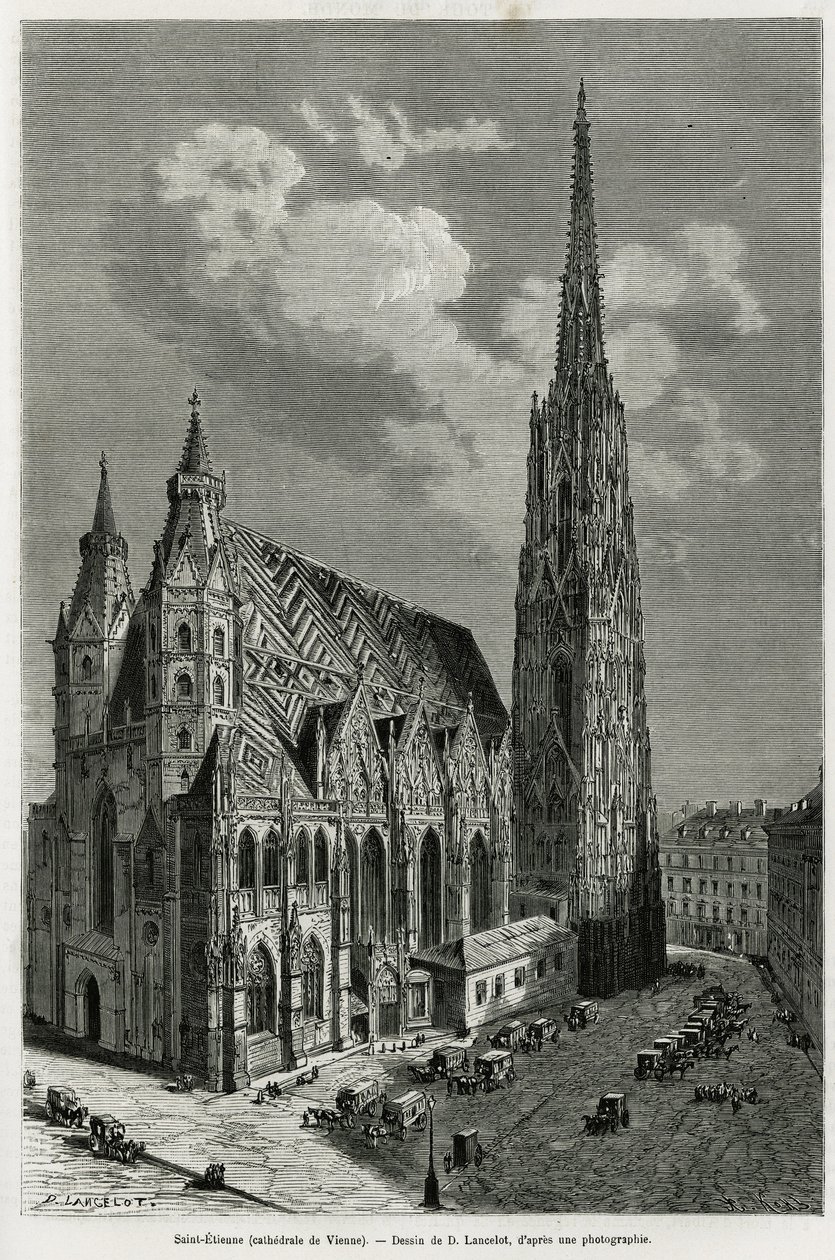 Stephansdom (St. Stephen eller Stephansdom eller St. Stephane eller St. Stephan Kirche) (bygget mellem 1113 og 1147), Wien (Østrig). Gravering af Lancelot, for at illustrere historien Vienne og dens forstæder, af M. Newlinski, i 1881, udgivet i To af Dieudonne Auguste Lancelot