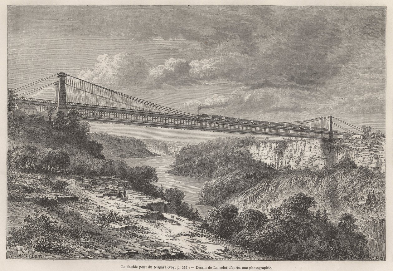 Niagara Dobbeltbroen, tegning af Lancelot, for at illustrere L. Devilles rejser til Nordamerika i 1854-55. Stik i “” Le tour du monde”” 1861. Selvas samling. af Dieudonne Auguste Lancelot
