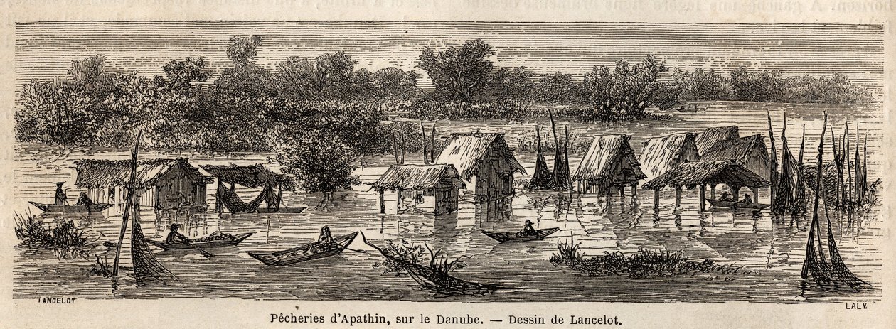 Fiskeriet i Apathin (Serbien), ved Donau. Tegning af Lancelot, for at illustrere hans rejse fra Paris til Bukarest i 1860. Indgravering i "" Le tour du monde"", redigeret af Edouard Charton af Dieudonne Auguste Lancelot