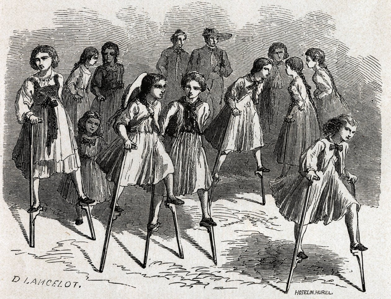 Echasse -spillet på ULM, designet af Lancelot, for at illustrere Victor Duruys rejse fra Paris til Bukarest i 1860. Gravering i “” le Tour du Monde ”, redigeret af Edouard Charton af Dieudonne Auguste Lancelot