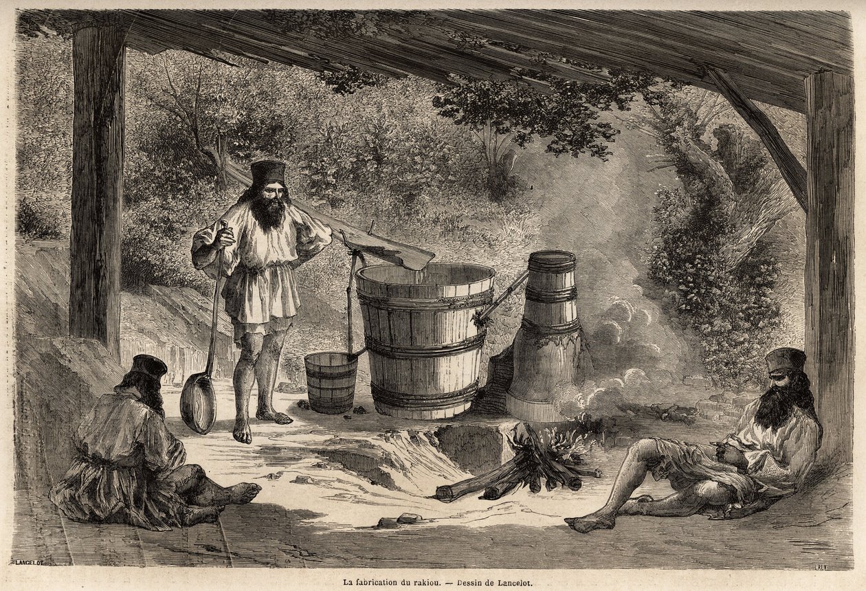 Fremstilling af rakiou, kornalkohol, slags snaps meget almindelig i Rumænien. Indgravering til illustration af rejsen fra Paris til Bukarest af Lancelot, tegner, i 1860, offentliggjort i "Le tour du monde, nouveau journal des voyages", under vejledningen af Dieudonne Auguste Lancelot