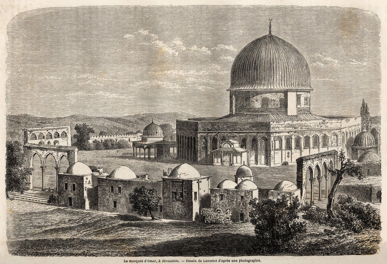 Omar-moskeen, bygget i 691 i Jerusalem, tegnet af Lancelot, for at illustrere hr. Bidas rejse til Palæstina i 1856. Indgravering i "" Le tour du monde, nouveau journal des voyages"" Paris af Dieudonne Auguste Lancelot