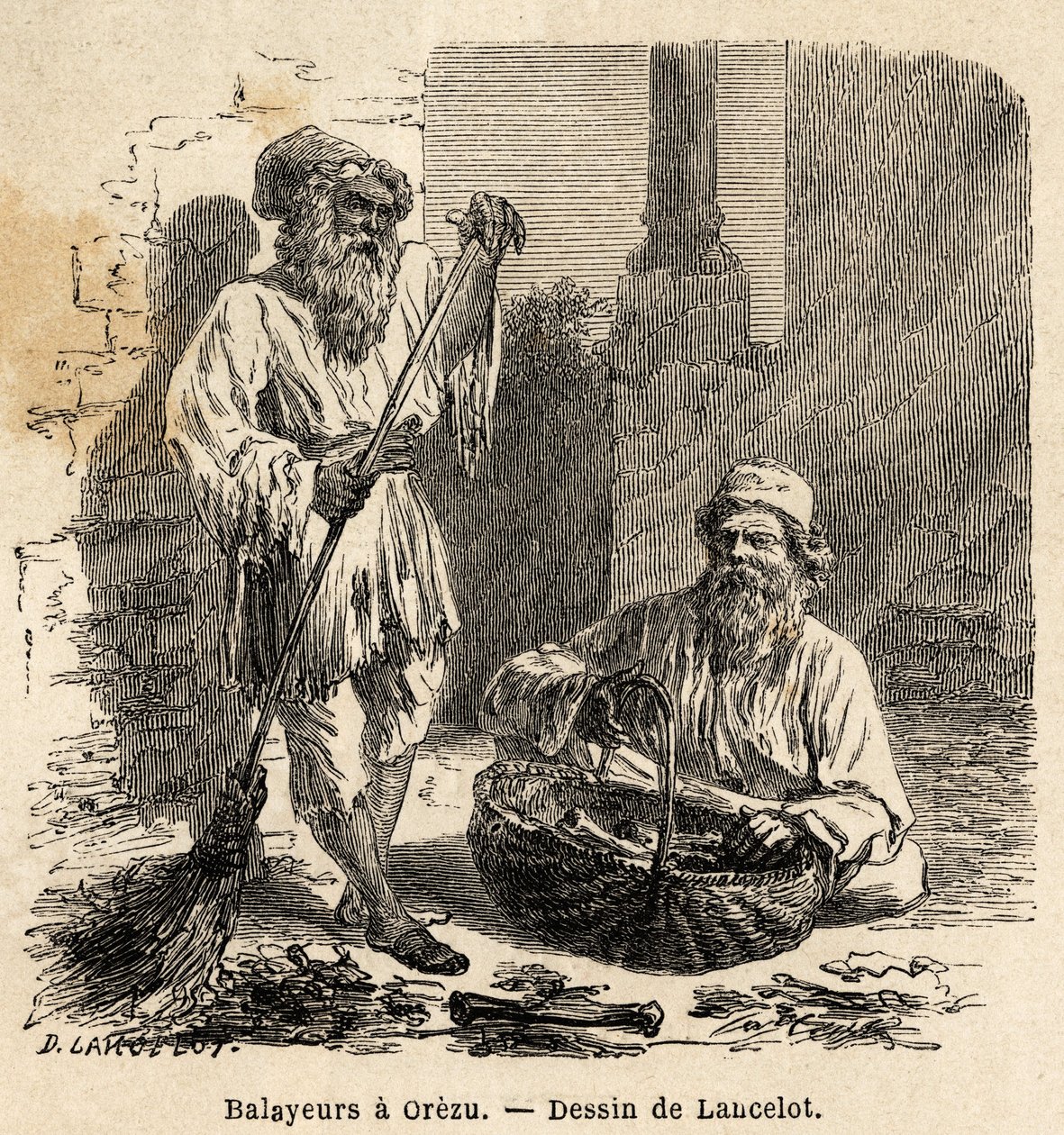 Fejemaskinerne i Orezu (Rumænien). Gravering til illustration af rejsen fra Paris til Bukarest af Lancelot, tegner, i 1860, offentliggjort i "Le tour du monde, nouveau journal des voyages", under ledelse af Edouard Charton af Dieudonne Auguste Lancelot