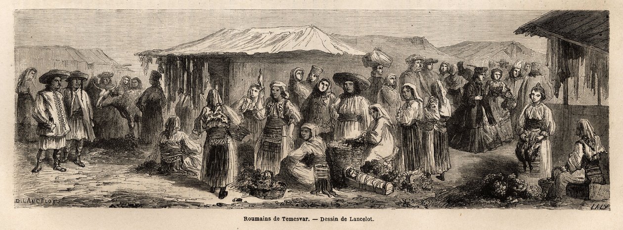 Den gående befolkning i Tesmevar (eller Timisoara) i Rumænien. Gravering til illustration af rejsen fra Paris til Bukarest af Lancelot, tegner, i 1860, offentliggjort i "Le tour du monde, nouveau journal des voyages", under ledelse af Edouard Charton af Dieudonne Auguste Lancelot