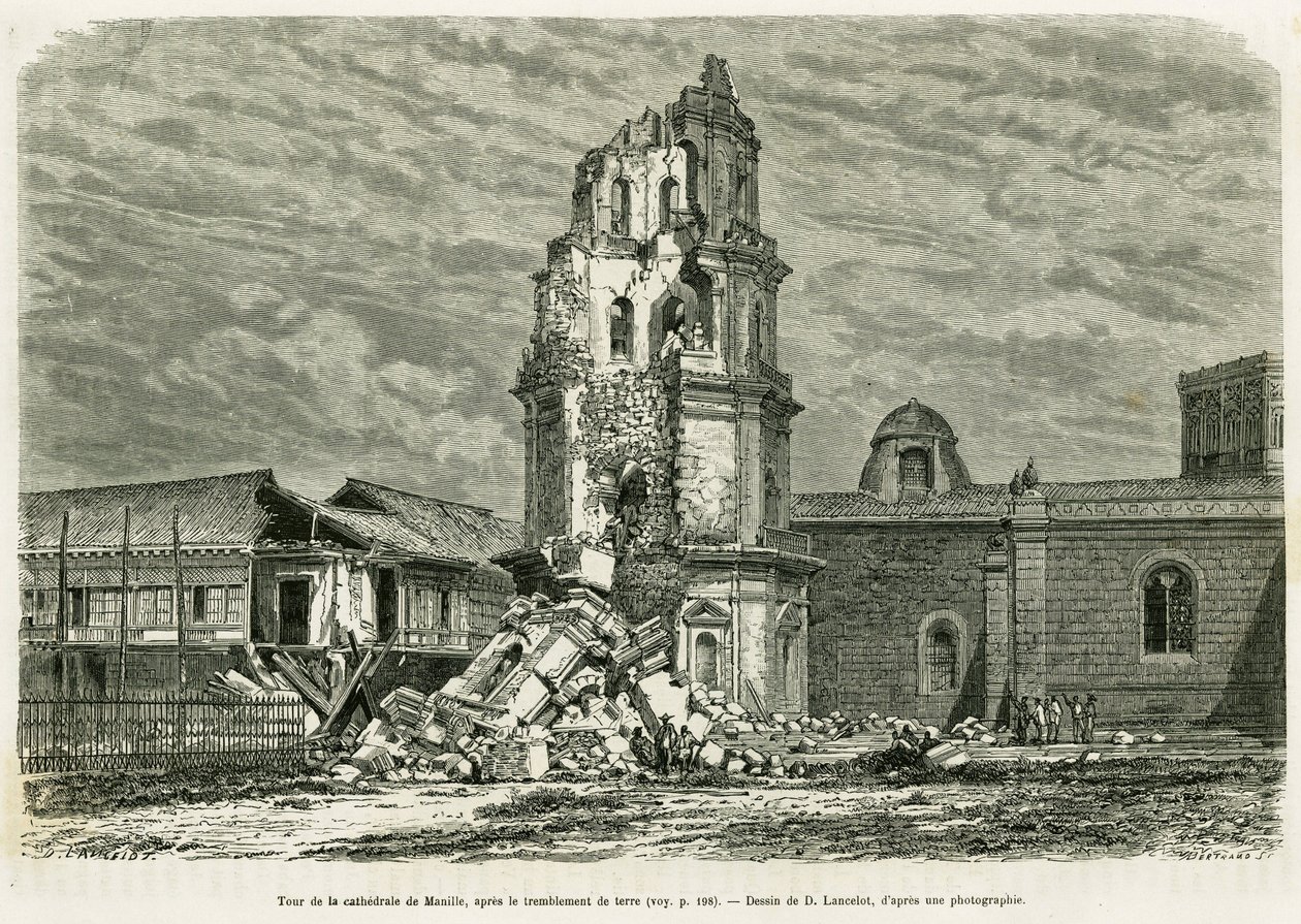 Tower of the Cathedrale of Manila, after the earthquake on July 18, 1880. Engraving by Lancelot to illustrate the story Lucon and Palaouan, six years in the Philippines, by Alfred Marchedani af Dieudonne Auguste Lancelot