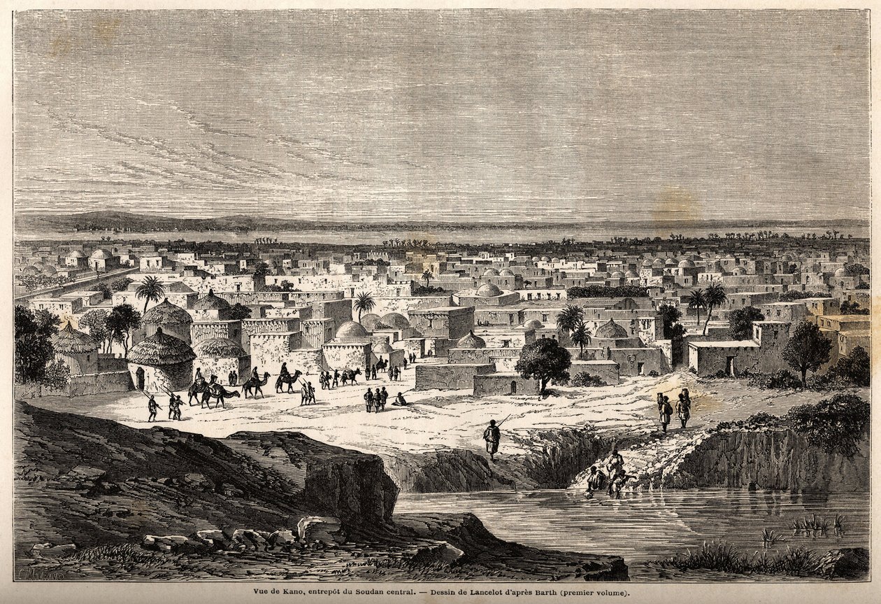 Udsigt over Kano (by og stat nord for det nuværende Nigeria), lager i det centrale Sudan, tegning af Lancelot, for at illustrere rejsen 1849-1855 til Dr. Henri Barths centrum af Afrika. Indgravering i "" Le tour du monde, nouveau journal des voyages"" af Dieudonne Auguste Lancelot