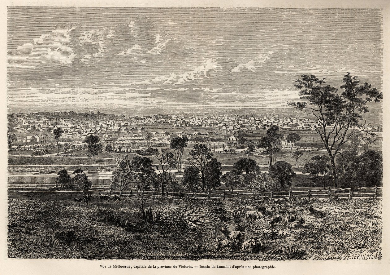 Udsigt over Melbourne (Australien), tegning af Lancelot, for at illustrere minderne om en fransk besættelsesmand i Australien, i 1854-1859, af M. de Castella. Stik i “” Le tour du monde”” 1861. Selvas samling. af Dieudonne Auguste Lancelot