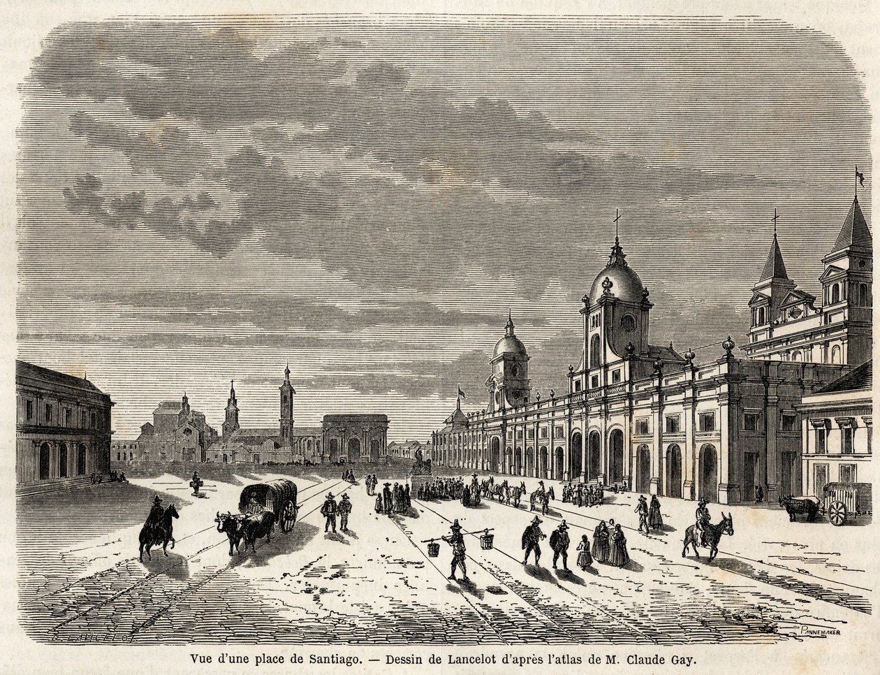Udsigt over en plads i Santiago (Chile), tegning af Lancelot, for at illustrere rejsen til Sydamerika, i 1823, af Giovanni Mastai Ferretti (1792-1878, fremtidige Pius IX). Indgravering i "" Le tour du monde, nouveau journal des voyages"" Paris af Dieudonne Auguste Lancelot