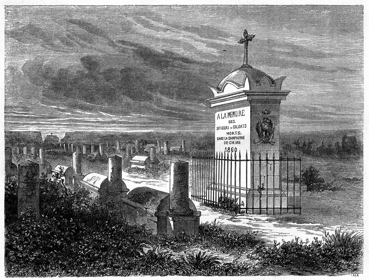 Udsigt over den franske kirkegård i Pekin (Beijing), Kina. Gravering efter en tegning af Lancelot, i "" Le Tour du Monde, Nouveau journal des Voyages"", redigeret af Edouard Charton, Paris af Dieudonne Auguste Lancelot