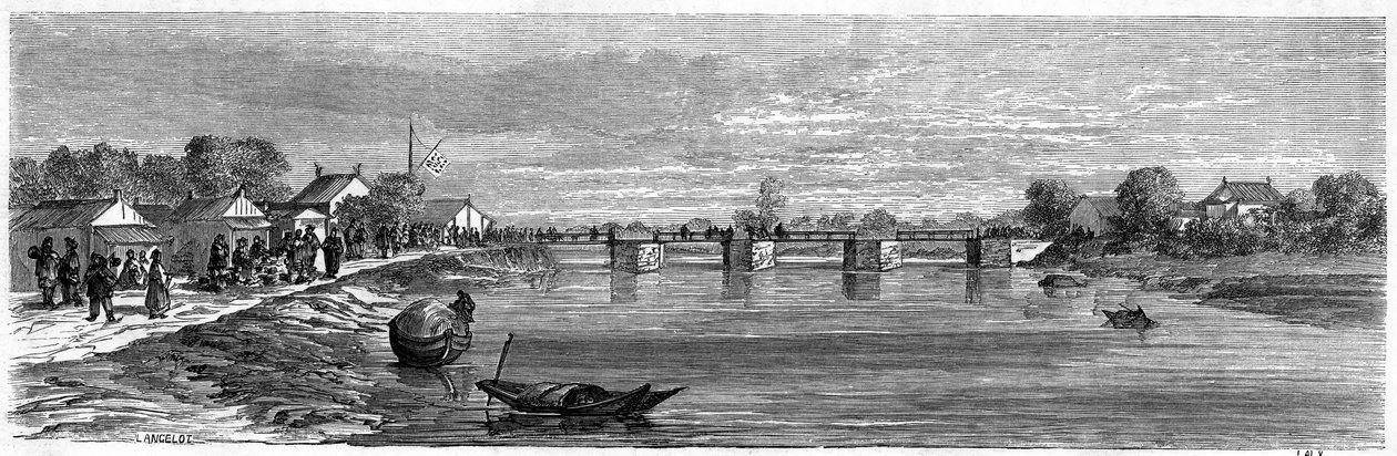 Udsigt over broen over Suzhou-floden nær Shanghai i 1860, Kina. Gravering af Lancelot, i "" Le Tour du Monde, Nouveau journal des Voyages"", redigeret af Edouard Charton, Paris af Dieudonne Auguste Lancelot