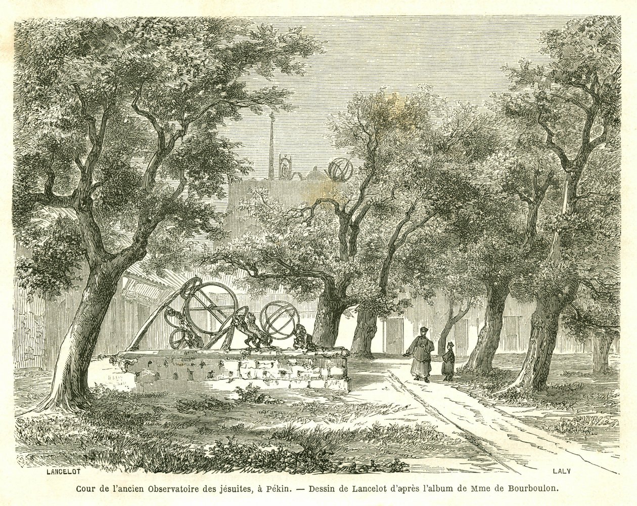 Udsigt over gården til det tidligere jesuiterobservatorium i Pekin (Beijing), Kina. Gravering af Lancelot, i "" Le Tour du Monde, Nouveau journal des Voyages"", redigeret af Edouard Charton, Paris af Dieudonne Auguste Lancelot