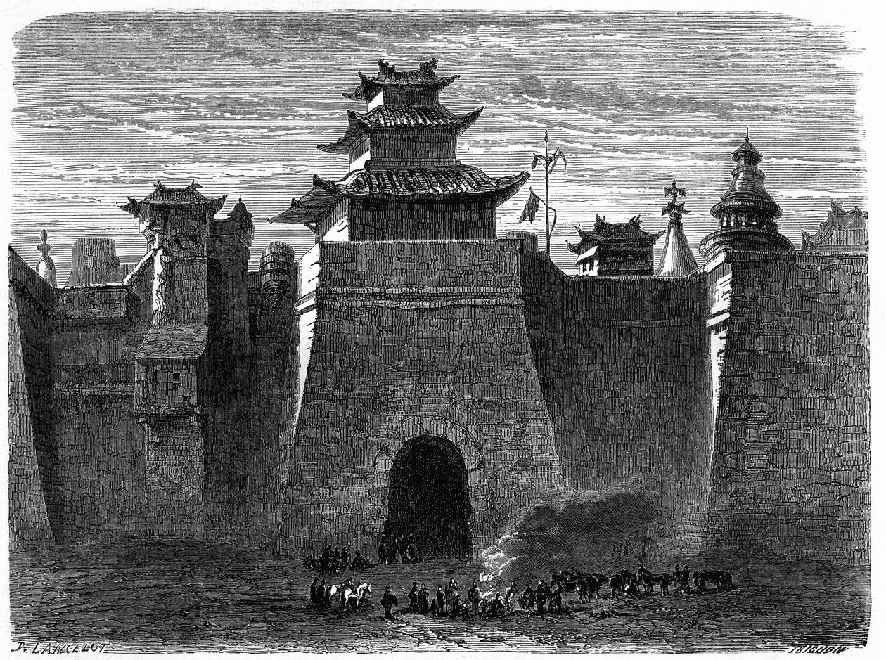 Pekins mure og port (Beijing), Kina. Gravering af Lancelot, i "" Le Tour du Monde, Nouveau journal des Voyages"", redigeret af Edouard Charton, Paris af Dieudonne Auguste Lancelot