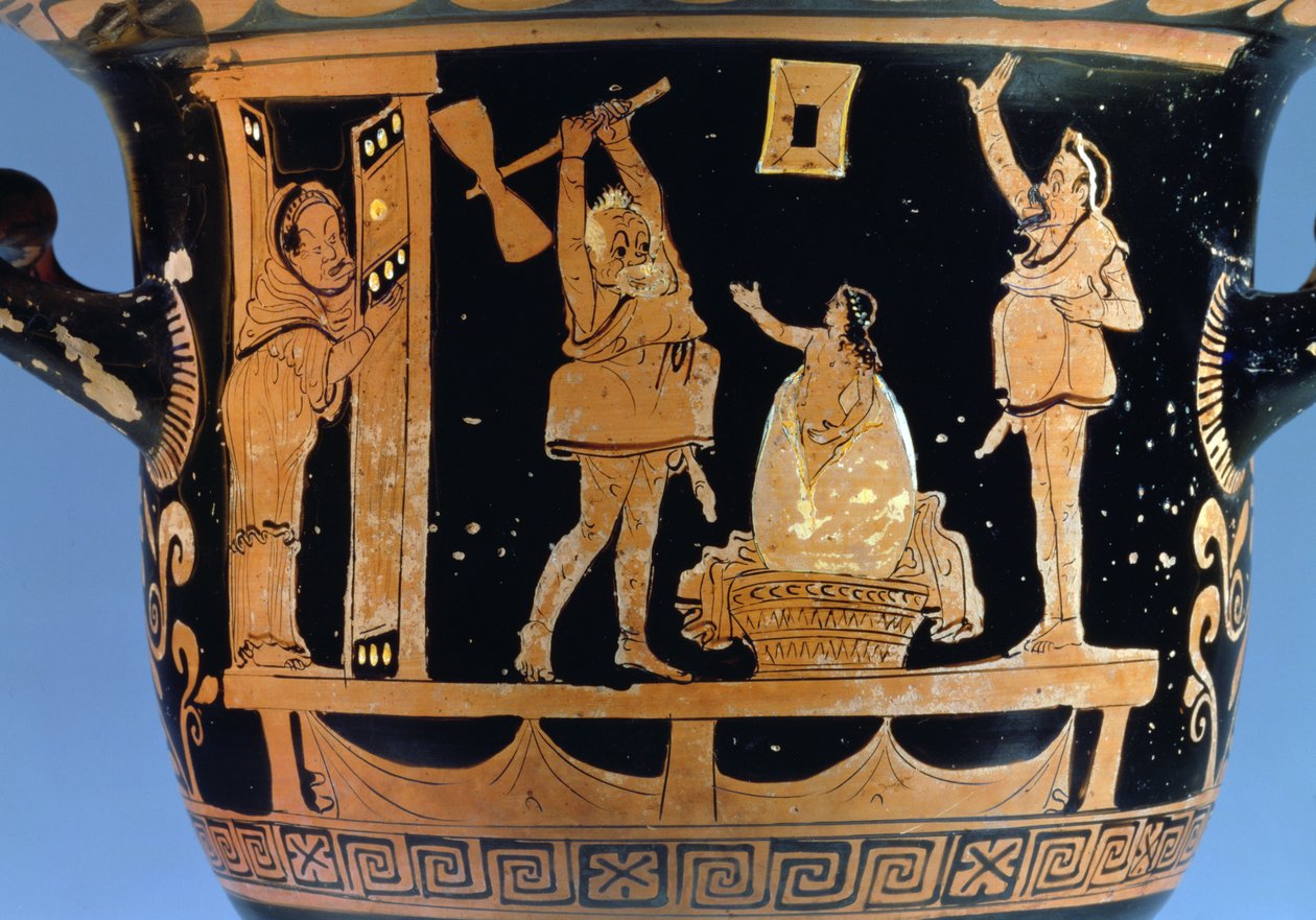Klokkekrater med rød figur: dekorationsdetalje, der viser en scene fra et skuespil, apulisk keramikdetalje af 85027 af Dijon Painter