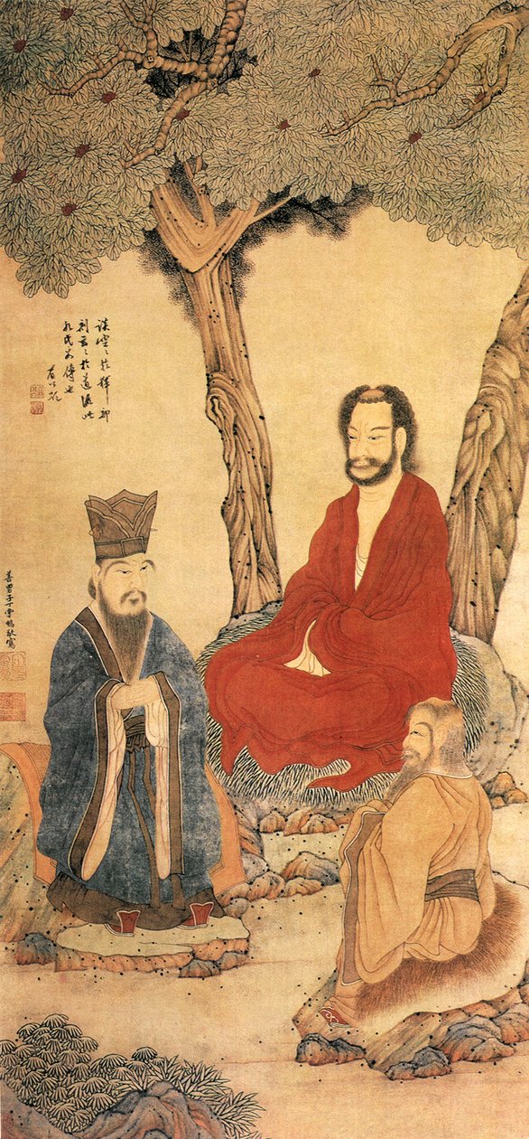 Confucius og Lao Tseu, Ming-dynastiet (blæk og farve på papir) af Ding Yunpeng