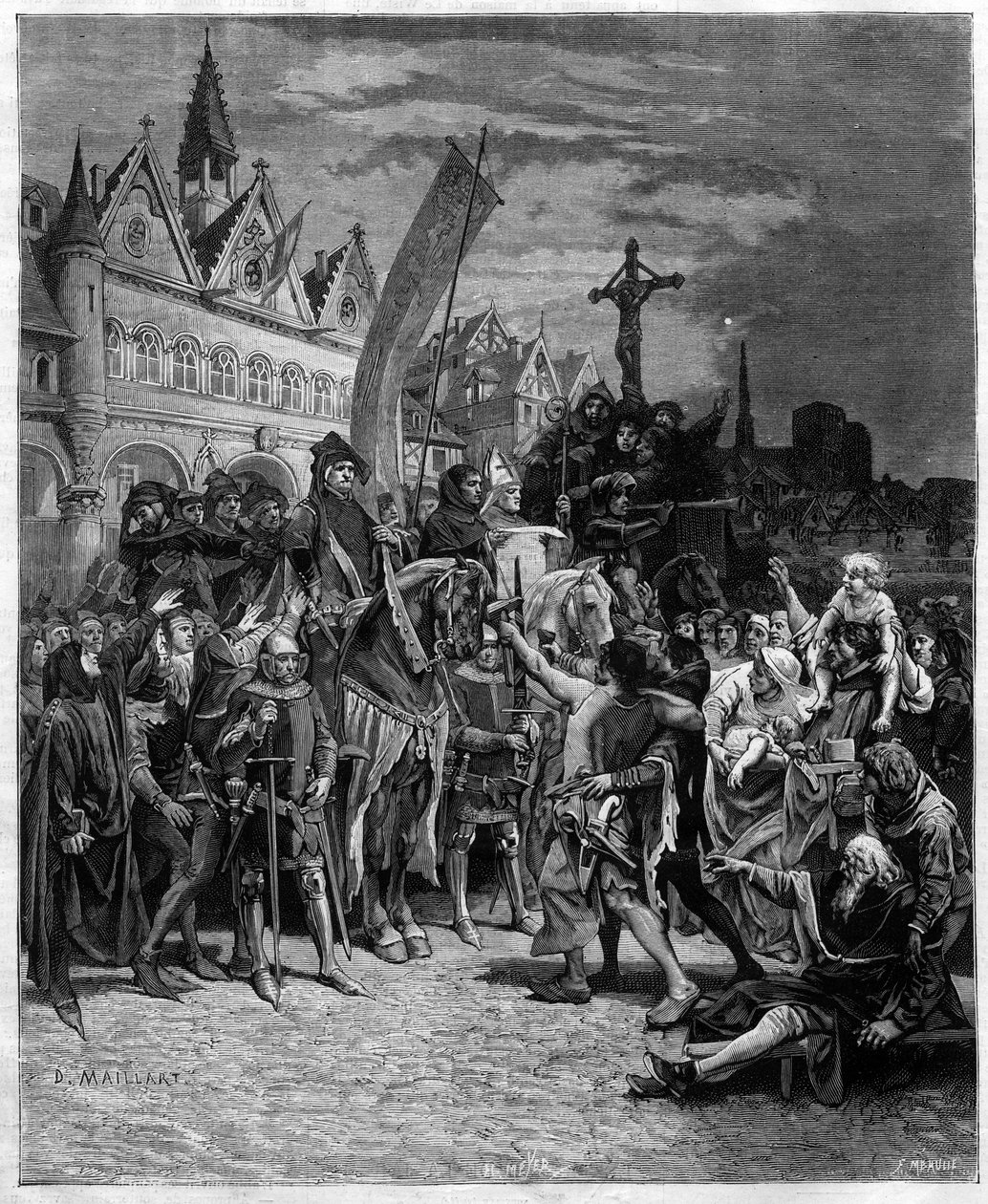 Etienne Marcel og læsningen af den store forordning fra 1357, der etablerede et monarki kontrolleret af de generelle stater - gravering efter maleriet af Diogene Ulysse Napoleon Maillart (1840-1926) af Diogene Ulysse Napoleon Maillart
