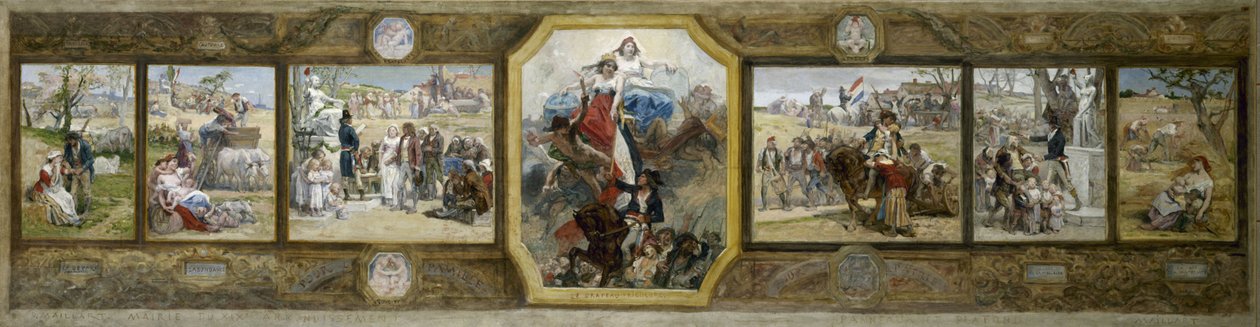 Skitse til ægteskabssalen på rådhuset i det 19. arrondissement i Paris: Det trefarvede flag, republikanske allegorier af Diogene Ulysse Napoleon Maillart