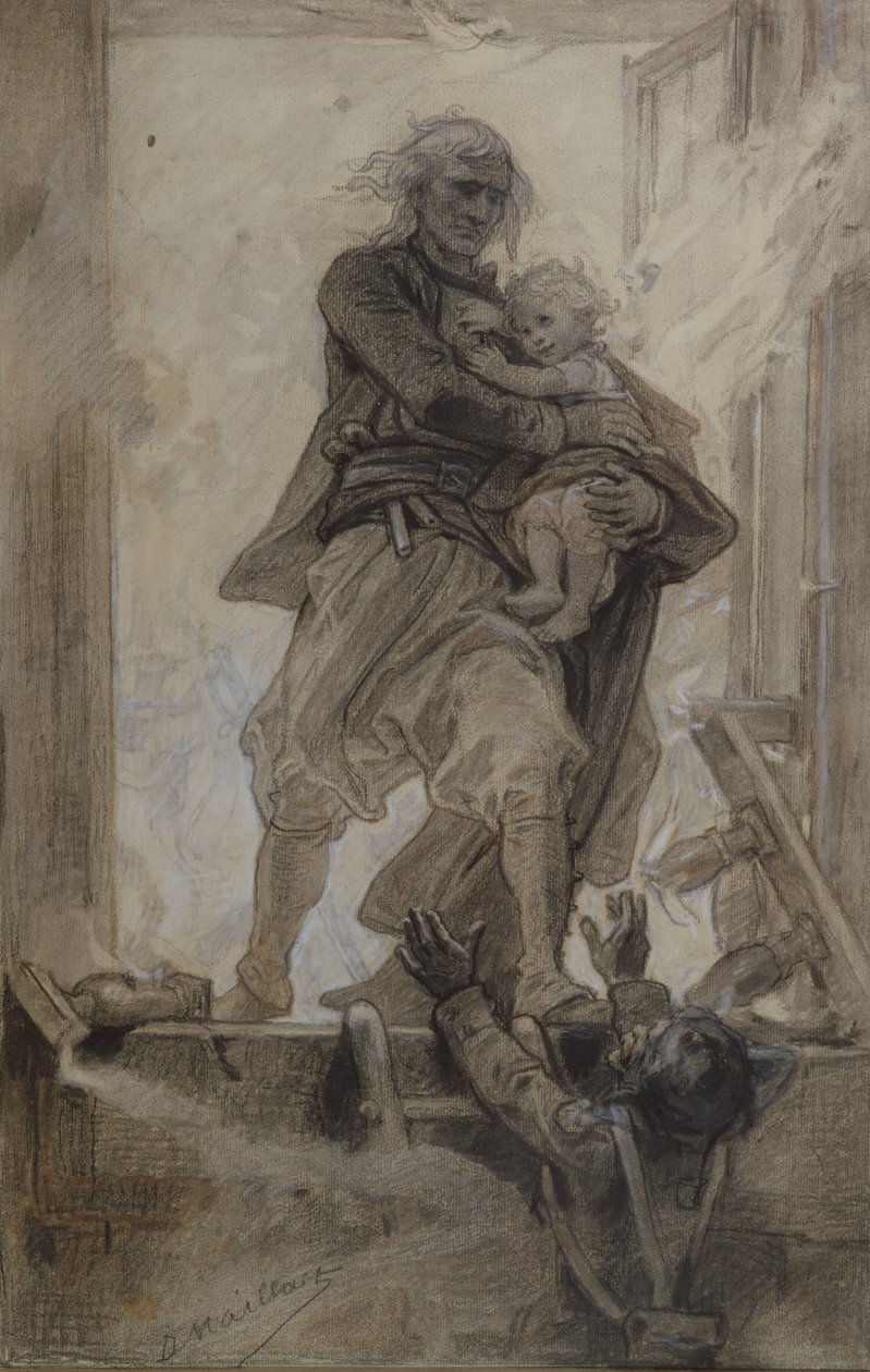 Markisen af Lantenac redder et barn, illustration fra Quatre-vingt-treize af Victor Hugo (1802-85) (blyant, farveblyant og gouache på papir) af Diogene Ulysse Napoleon Maillart