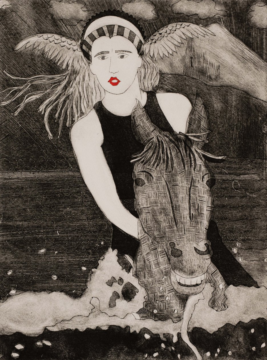 Brunnhilde  Grane, Wagners Ringcyklus, 2024 (collagraph) af Dione Verulam