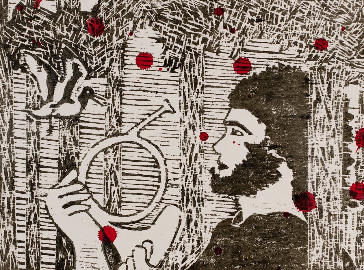 Siegfried, skovfuglene  dragens blod, Wagners Ringcyklus (træsnit) af Dione Verulam