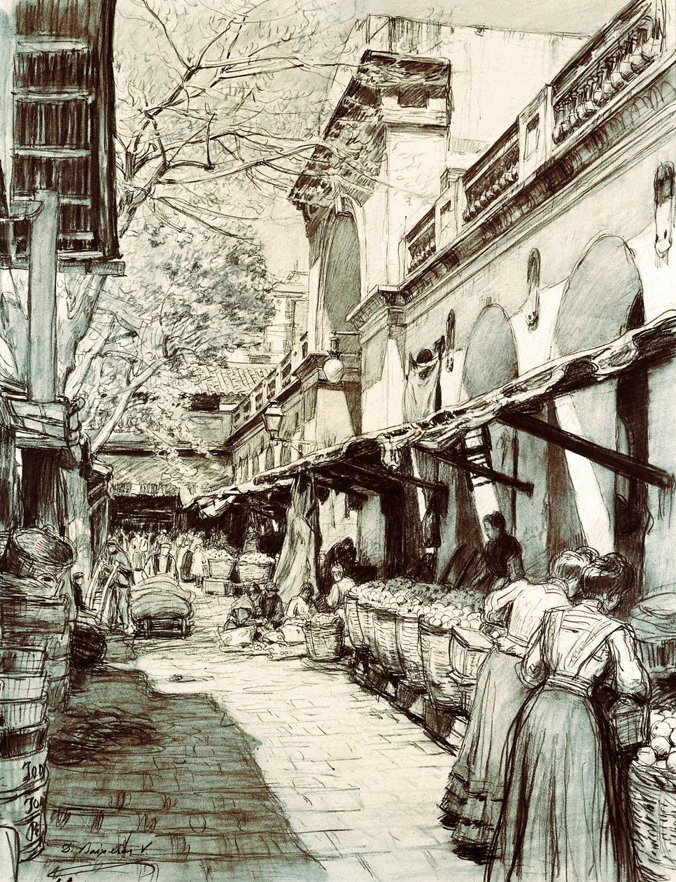 Torvet på Saint Catherine-markedet i Barcelona (tegning) af Dionisio Baixeras Verdaguer