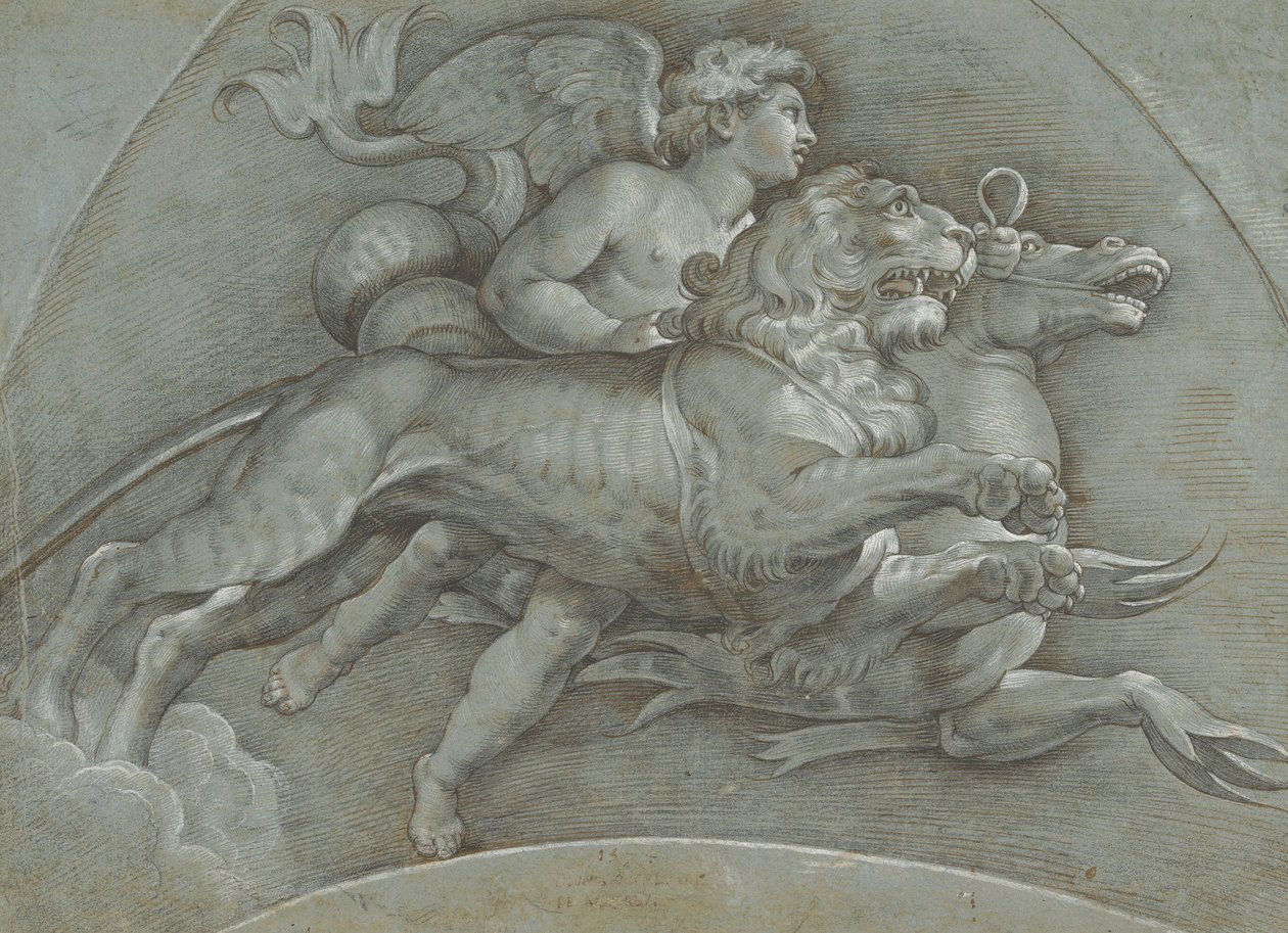 En bevinget Putto rider på en havhest og en løve efter Raphael, verso..., 1574. af Dionisio Calvaert