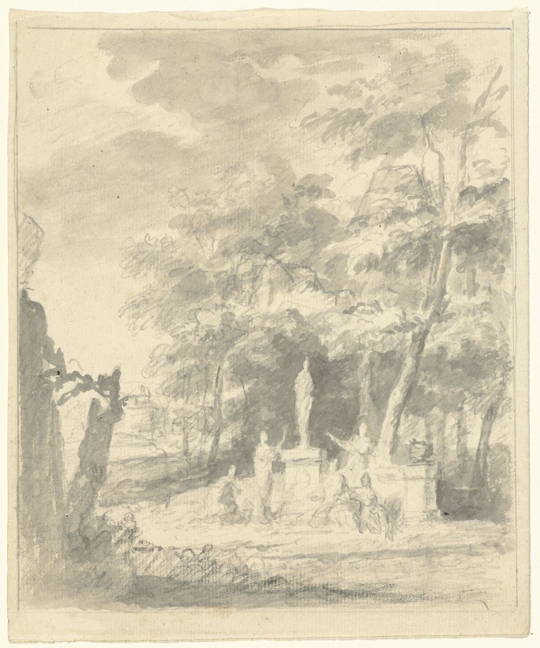 Arkadisk landskab med figurer omkring en statue af Dionys van Nijmegen (possibly)