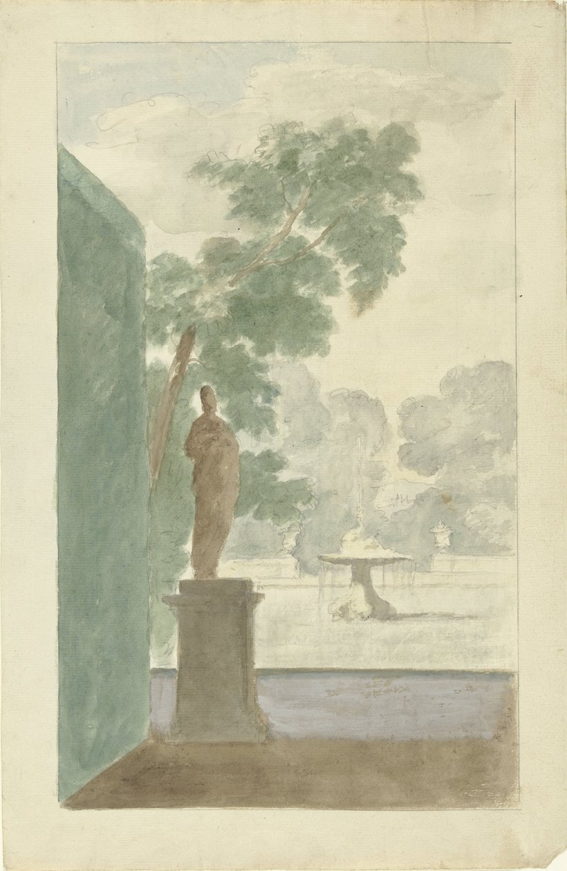 Design til en vægdekoration i en hal: Udsigt til en have med en statue, springvand og urner af Dionys van Nijmegen (possibly)