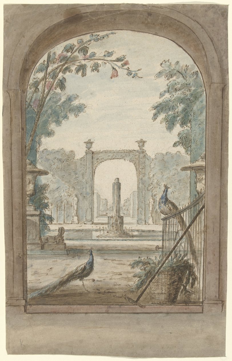 Design til et rummaleri med udsigt gennem et hegn på en have, påfugle og haveredskaber af Dionys van Nijmegen (possibly)