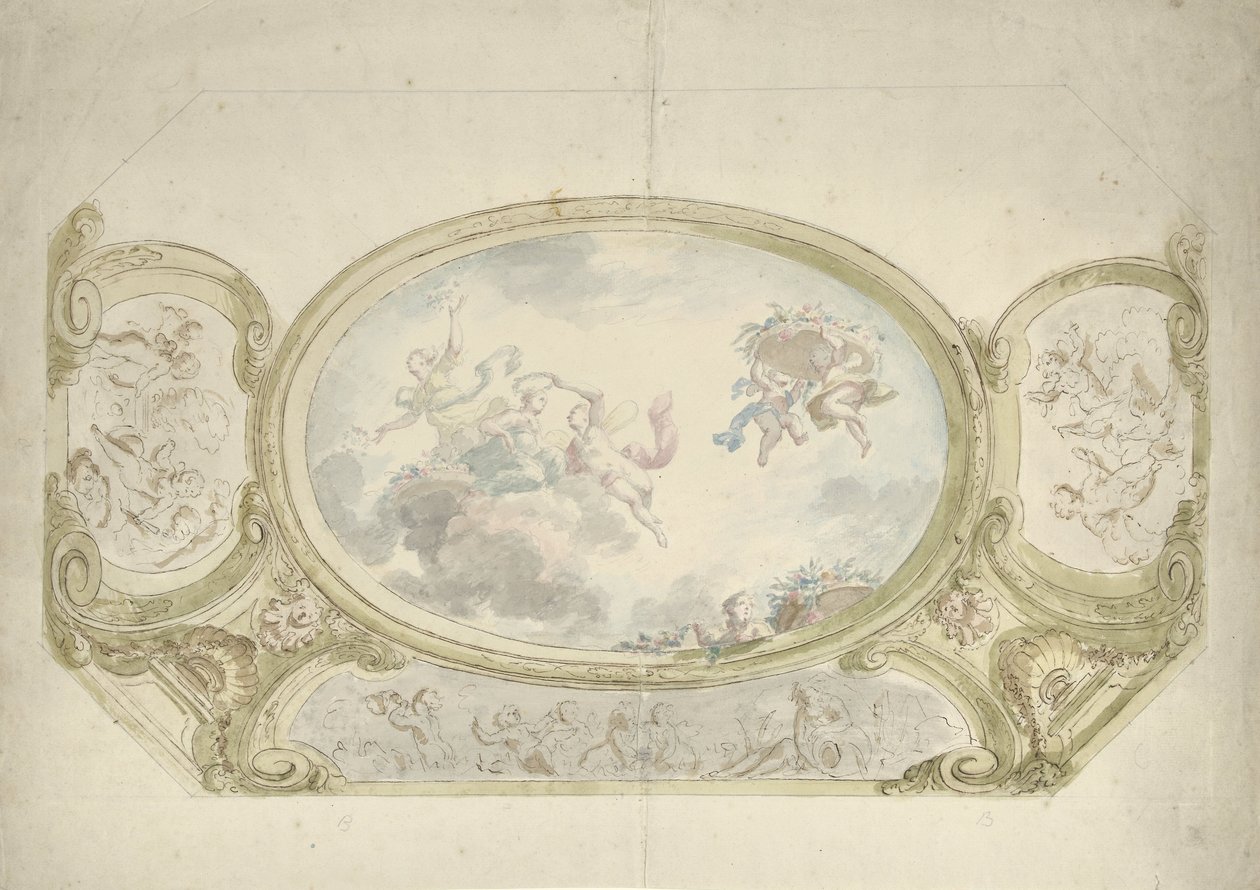 Loftmaleri design: oval med allegorisk repræsentation, omgivet af scener med putti af Dionys van Nijmegen (possibly)