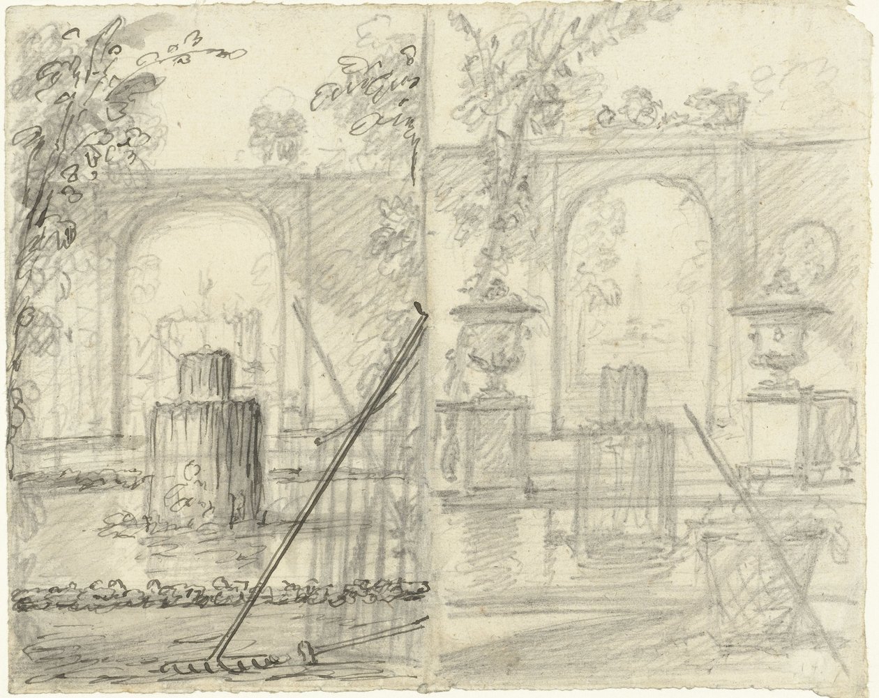 To designs til udsigt til haven med springvand og haveredskaber i forgrunden af Dionys van Nijmegen (possibly)