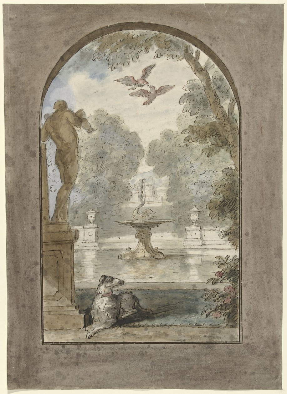 Design til et rummaleri med et ansigt i en have med en liggende hund, springvand og statue af Dionys van Nijmegen