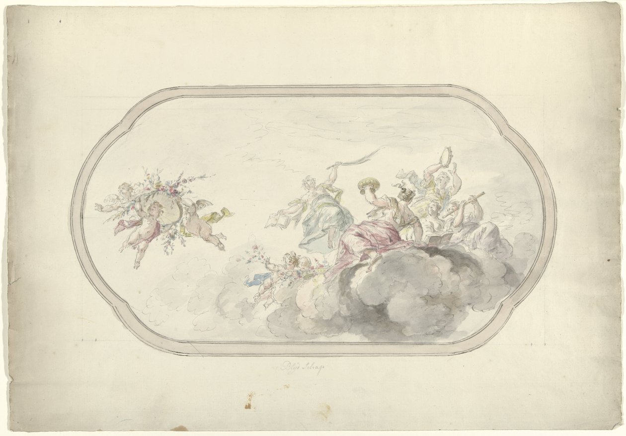 Design til et loftmaleri med musikskabende kvinder og putti med en blomsterkurv som allegori på Blijdschap af Dionys van Nijmegen