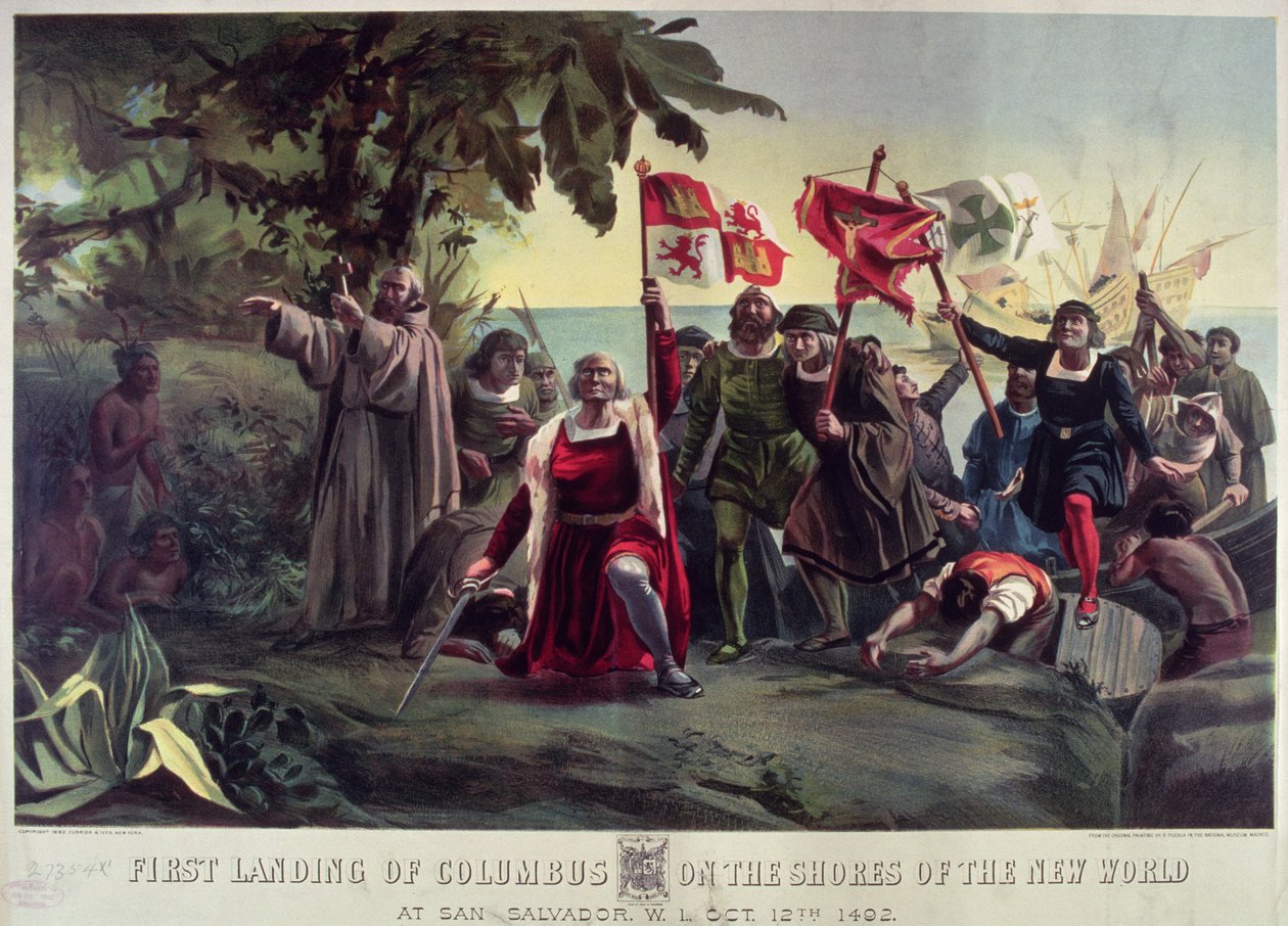 Den første landing af Columbus på den nye verdens kyster i San Salvador, 12. oktober 1492, pub. af Currier og Ives af Dioscoro Teofilo Puebla Tolin