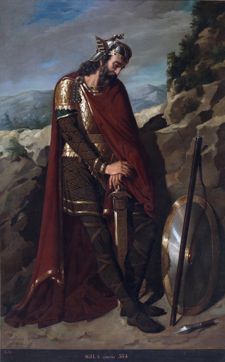 Portræt af vestgoternes kong Agila I af Spanien (d. 555) (vestgoternes konge Agila eller Achila, Akhila, Aquila, Agil I) Maleri af Dioscoro Teofilo Puebla Tolin (1831-1901) 1856 Domstolspaladset, Madrid af Dioscoro Teofilo Puebla Tolin